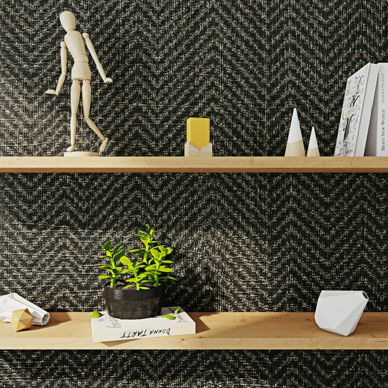 FunStick Grasscloth Peel and Stick Wallpaper Textured Black Gold Wallpaper Herringbone Grass Cloth Fabric Wall Paper Adhesive Removable Geometric