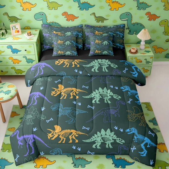 Erosebridal Colorful Dino Bedding Comforter Set for Kids, Dinosaur Print King Bedding Sets, Green
