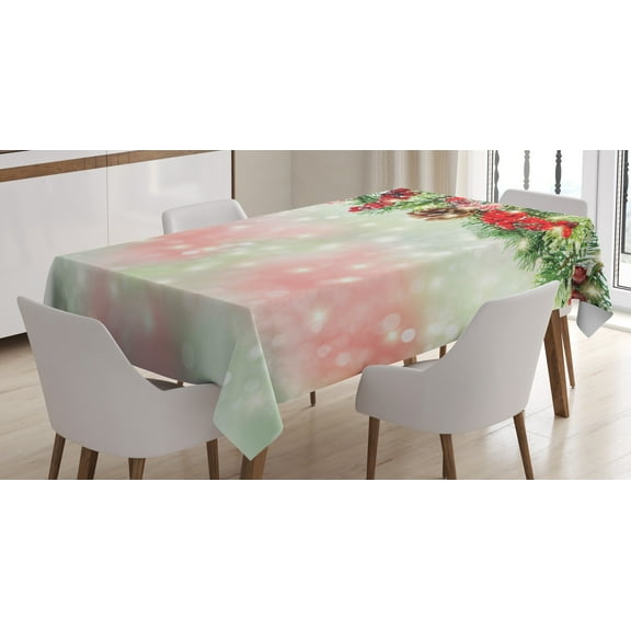 Ambesonne Christmas Tablecloth Rectangular Table Cover, Green Branches Holly, 60"x84", Red Green Brown