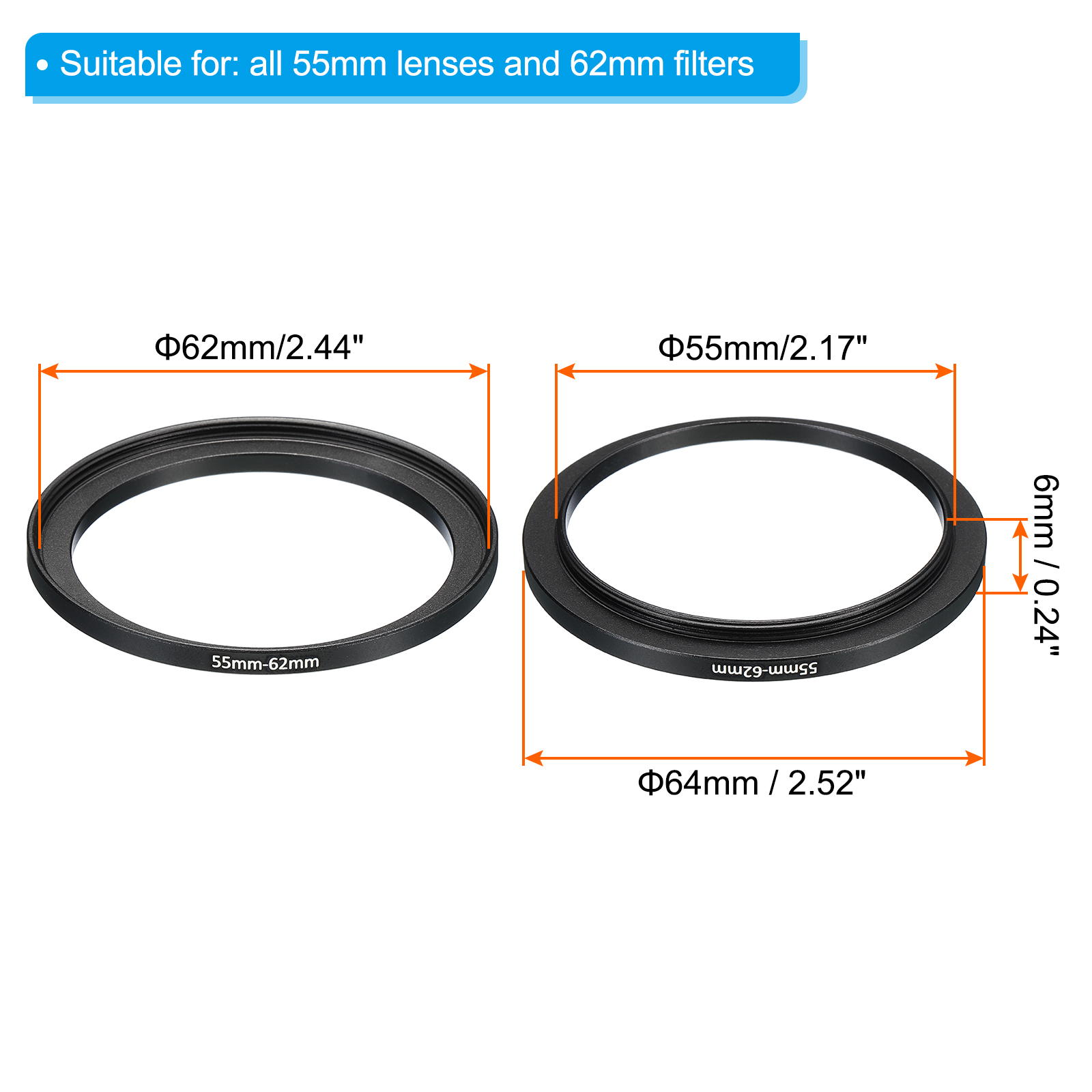 Uxcell 55mm-62mm Metal Step Up Ring, Pack Camera Lens Filter Adapter Ring  for Camera Lenses Hood, Black