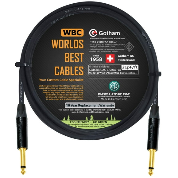 6 Foot - Gotham GAC-1 Ultra Pro - Premium Low-Cap (21 pf/F) Guitar Bass Instrument Cable – w/Neutrik Gold Straight to Straight ¼ inch (6.35mm) TS Connectors - Custom Made by WORLDS BEST CABLES