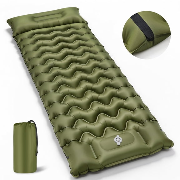 COTINSE Ultralight Inflatable Camping Sleeping Pad with Built-in Foot Pump and Pillow for Hiking, Single, Military Green