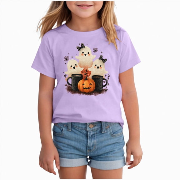 Xudanell Toddler Halloween Shirt Girls Ghost Tshirt Short Sleeve Tee Tops Spooky Season Fall Clothes