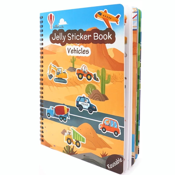 Libro de pegatinas reutilizables para niños pequeños – Vehículos y construcción, 3 hojas de pegatinas lavables de gelatina para coche, camión, 9 escenas de juego, libro de actividades para niños, jugu