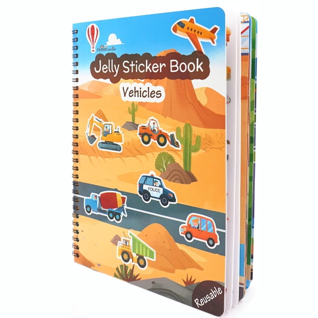 Libro de pegatinas reutilizables para niños pequeños – Vehículos y construcción, 3 hojas de pegatinas lavables de gelatina para coche, camión, 9 escenas de juego, libro de actividades para niños, jugu