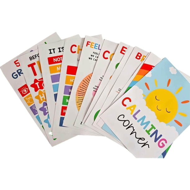 12 pósters de papel para el rincón de calma para niños, rueda de sentimientos, gráfico de emociones, decoración de pared para la salud mental, para aulas de preescolar y el hogar, rincón de calma