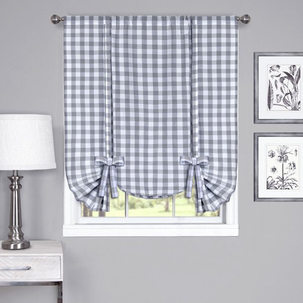 Achim Buffalo Check Window Curtain Tie Up Shade, 42 x 63, Gray