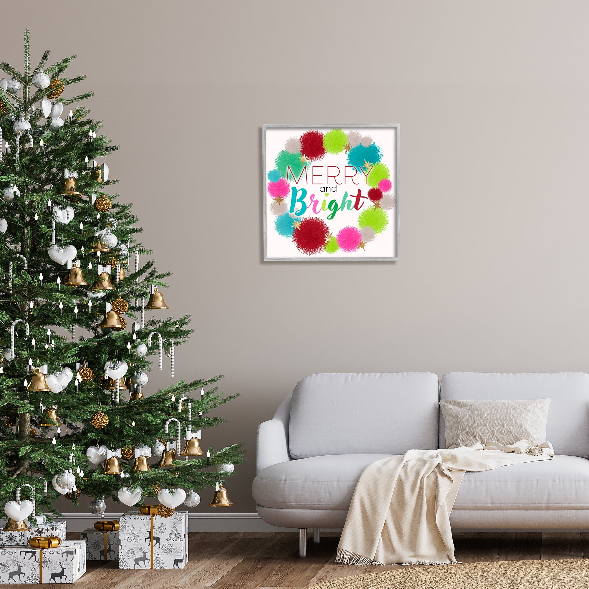 Stupell Industries Merry & Bright Fun Wreath Holiday Painting Gray Framed Art Print Wall Art