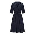 thumbnail image 2 of CHUANK Robe Maxi pour Femmes Économies Liquidation Aubaines Femmes Coton Lin Uni Manches Mi-Longues à Lacets Col à Revers Robe Grande Taille Été Décontractée Longues Robes Robes d'Invitée de Mariage Robe de Plage Fête Na, 2 of 4