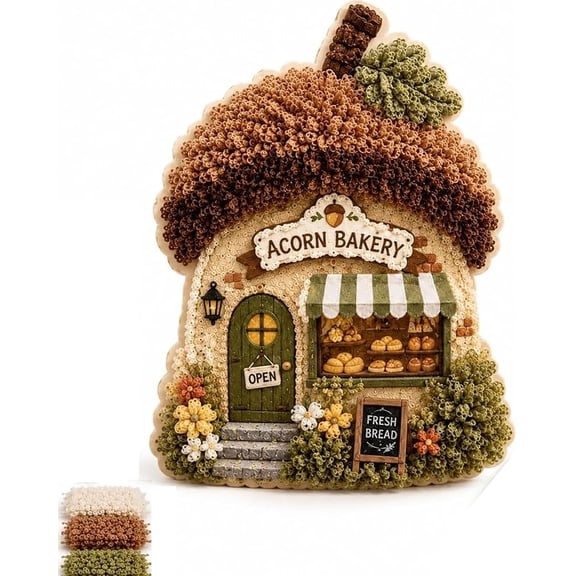 Whimsical Village 3D Fabric Poke Art Kit, Cottage DIY Punch Needle Craft Set, Cute Fairy House Handmade Embroidery Decor Kit for Adults, Cozy Cottagecore Hobby for Craft Lovers Gift (A)