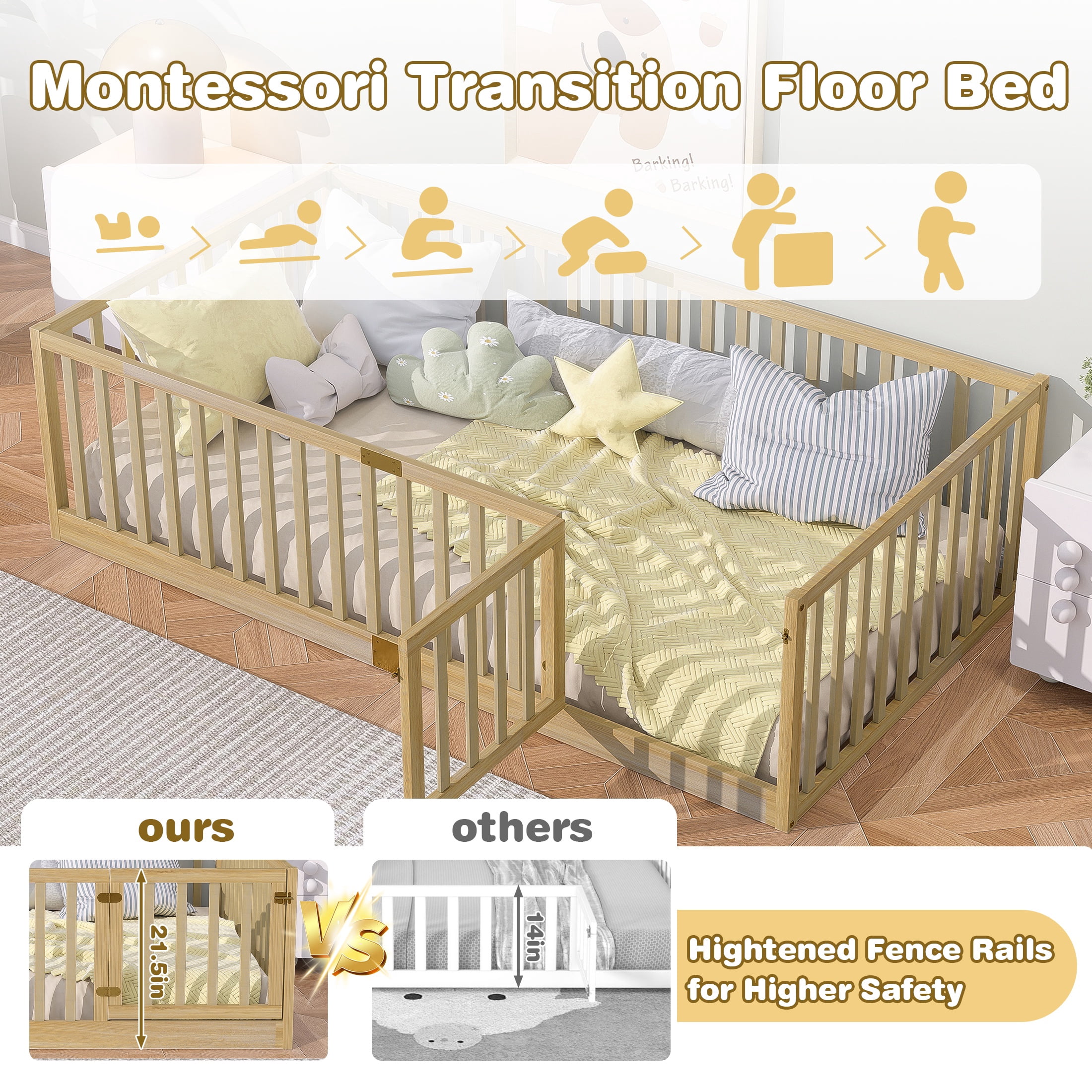 Sesslife Twin Size Floor Bed with High Fence & Door, Wood Twin Bed Frame with Salts and 21.5” Safety Guardrails, Twin Floor Bed for Boys Girls, No Box Spring Needed, Natural