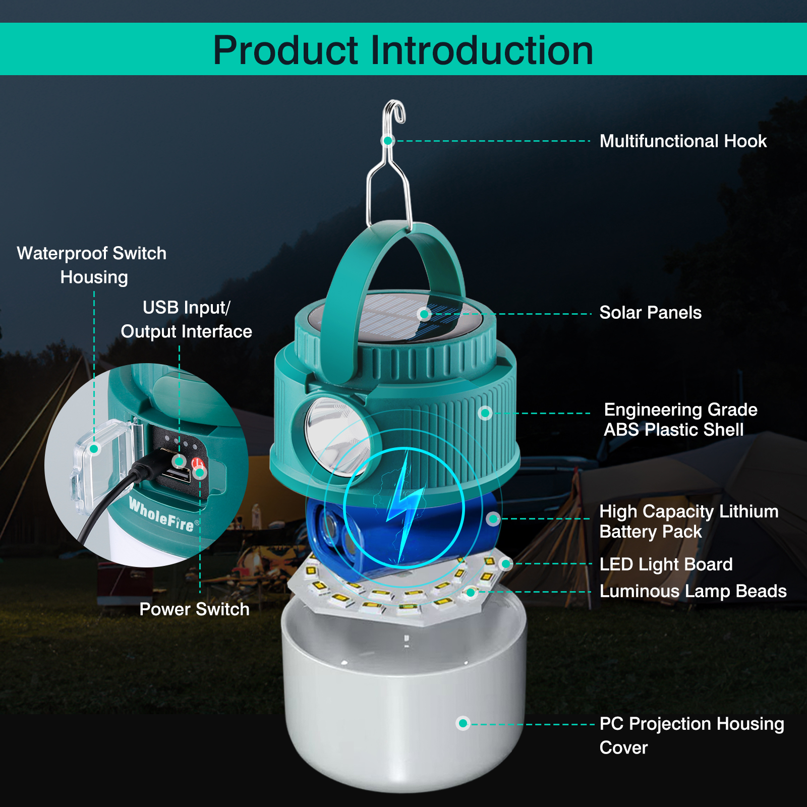 Solar Camping Lights Camping Lanterns LED Camping Light Rechargeable Tent Lamp 4 Modes Spotlight Waterproof Portable Light
