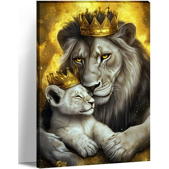 Lion Canvas Wall Art King Lion with Cub Picture Gold Painting Prints Modern Artwork for Kids Room Living Room Bedroom Home Decor Unframed