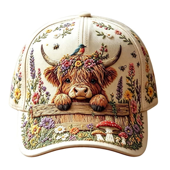 Hats for Garden Morning Cap, Highland Cow Floral Embroidery Botanical Cottagecore Hat Adjustable Baseball Caps Gift for Men Women (21.7-23.6'' Adjustable)