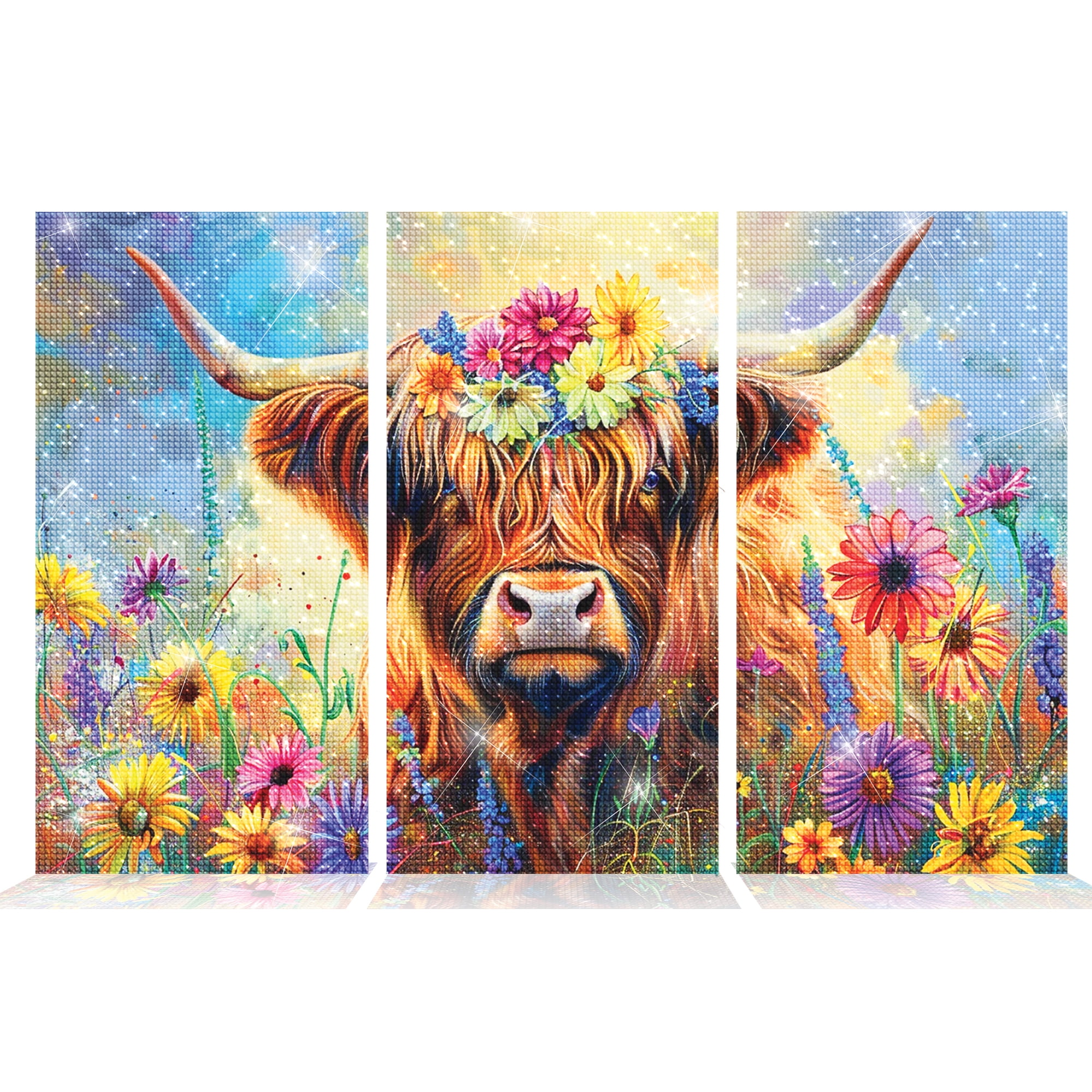 ArtSkills Diamond Painting Kit, Diamond Art Ready to Hang Framed Canvas with Storage and Accessory Kit, Highland Cow, 3 Stretched Canvas Panels, 14” x 7” Each