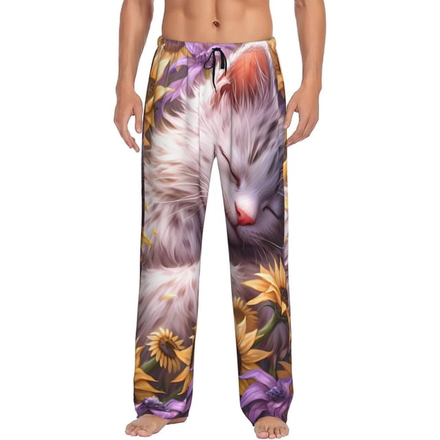 Balery Warm Sunflower Sleeping Cat Pantalones de pijama para hombre, pijama ultraligero, pantalón de descanso-Small