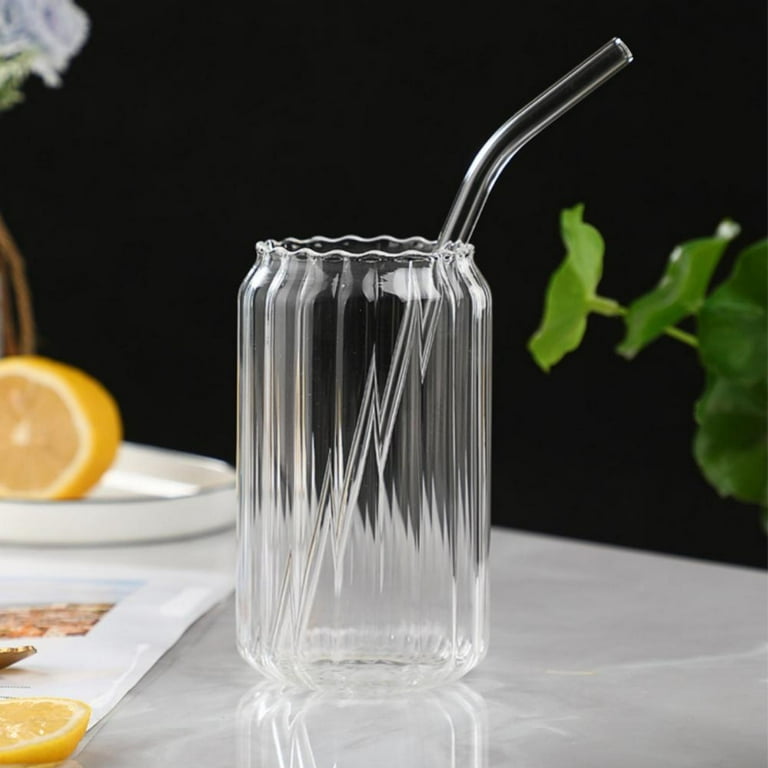 Drinking Glasses-Ribbed Glassware Drinking Glasses with Straws