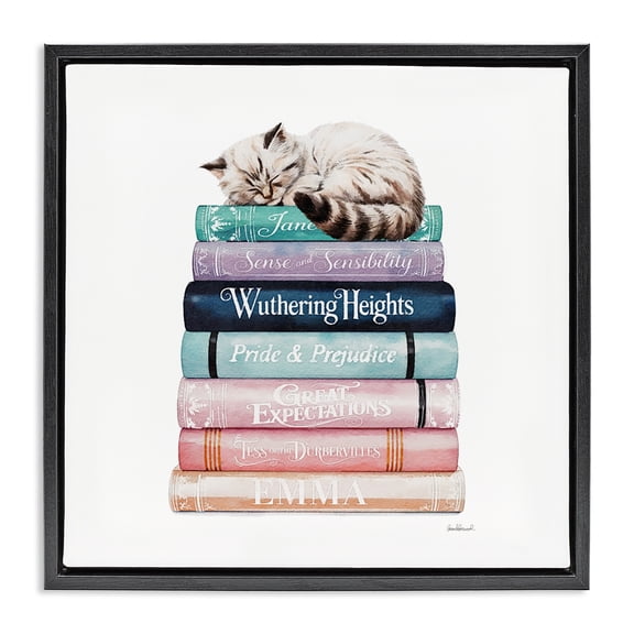 Stupell Industries Sleeping Cat Atop Books Black Framed Floater Canvas Wall Art, design by Amanda Greenwood