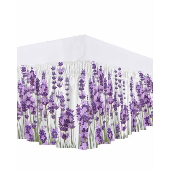 Lavender Bed Skirt Queen Size 16 Inch Drop, Purple Floral Leaves Plant White Background Adjustable Elastic Dust Ruffles Bedskirt for Queen Bed Wrap Around Pleated Mattress Frame Cover
