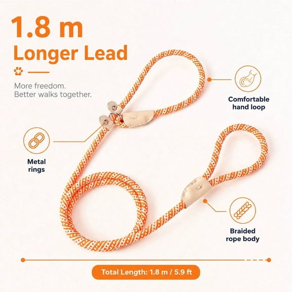 Durable Rope Dog Leash 1.8m/5.9ft, Braided Pet Lead with Comfortable Handle and Metal Hardware for Small Medium Large Dogs