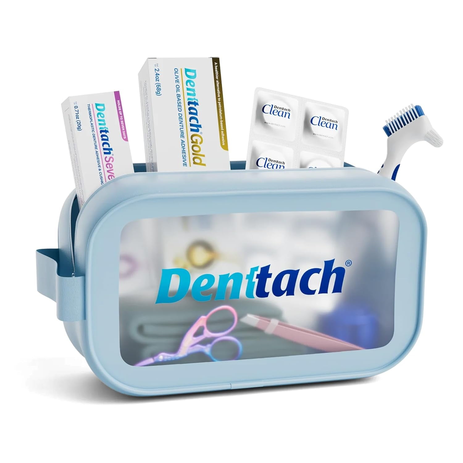 Denttach Denture Care Kit with Denture Adhesive, Brush, Denture Case and Travel Bag, 9 Piece Set