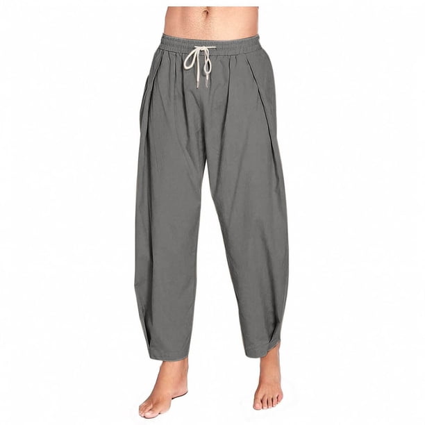 Pantalones largos para hombre, color liso, holgados, informales, con bolsillo, de lino, cintura elástica y cordón ajustable, de poliéster.