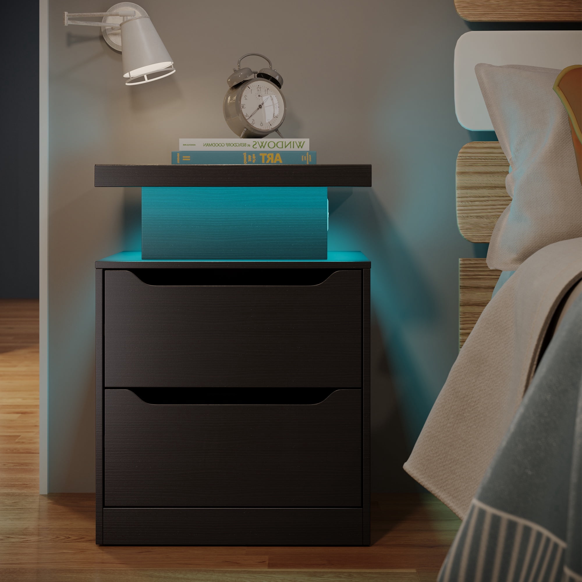Asofer 2 Nightstand Set with Charging Hub and RGB Lights, 2-Drawers, Modern Wood Bedside Table, Black