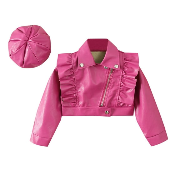 Yindaity Toddler Girls Leather Motorcycle Jacket Cute Ruffle Spring Fall PU Coat and Hat (Hot Pink,3-4 Years)