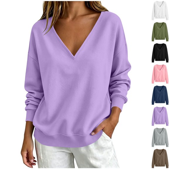 cocolona Womens V Neck Oversized Sweatshirts Long Sleeve Casual Loose Solid Color Fall Tops