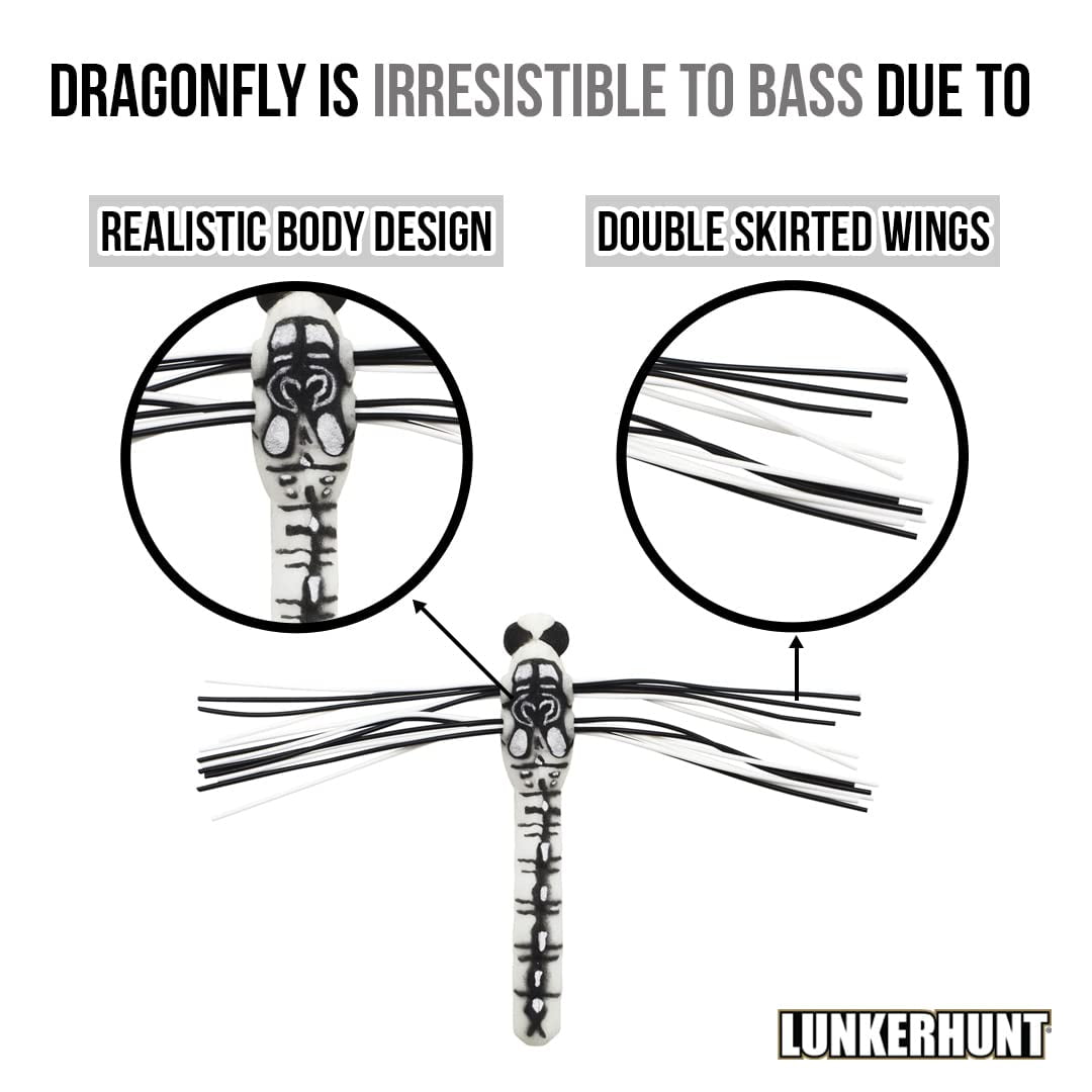 (2 pack) Lunkerhunt Dragonfly Fishing Lures | Most Realistic Weedless Bass Fishing Lure | Great Top Water Bass Fishing Lure with Double Skirted Wings | Perfect for Bass, Trouth and Pike, Weedless Bait