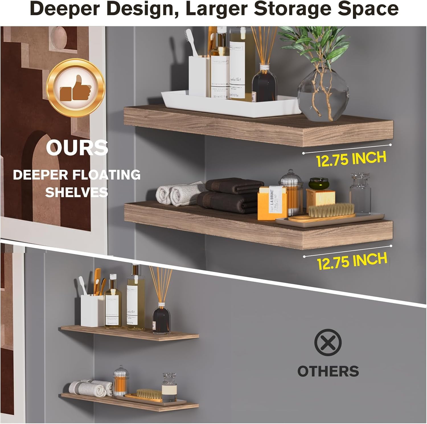 LANDMOK 12.7 Inch Deep Floating Shelf, 24 x12 Inch Large Wall Mounted Shelf for Kitchen, Bathroom, Living Room, Rustic Brown (1 Pack)