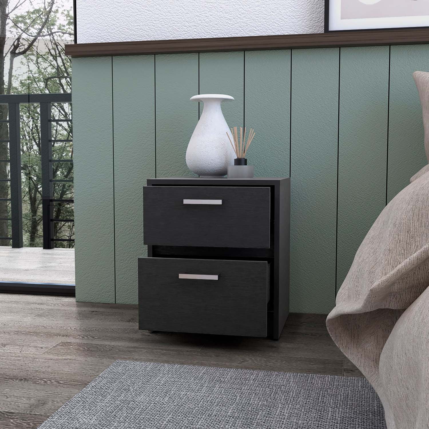 Myrtle 2 Drawers Nightstand, Black Engineered Wood Bedside Table with Metal Handles