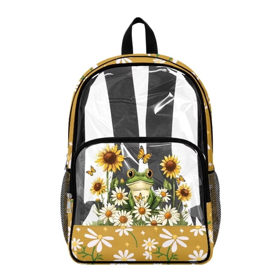 Xoenoiee Frog Butterfly Sunflower Daisy Print 17 Inch Backpack for Kids Girls PVC Transparent Clear Bookbag with Adjustable Straps, See Through School Bag for Preschool Elementary Kindergarten
