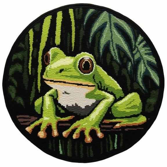 Latch Hook Round Rug Kits Green Frog for Beginner Needle Crochet Yarn Kits Embroidery Carpet Hook and Latch Kit Tapestry Christmas Home Decoration 45x45cm(3)