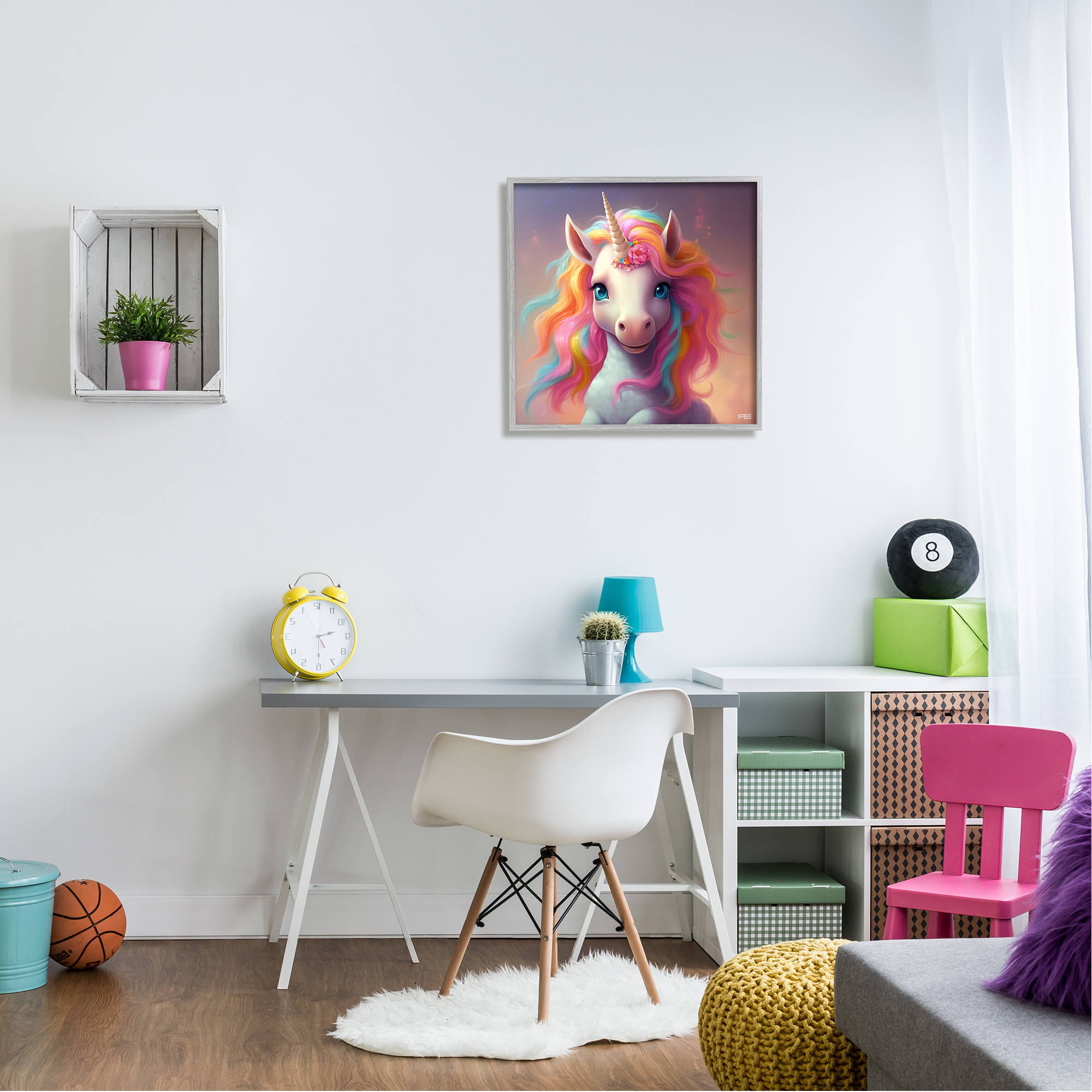 Stupell Industries Happy Baby Unicorn Fairy Tales & Fantasy Painting Gray Framed Art Print Wall Art, 24 x 24