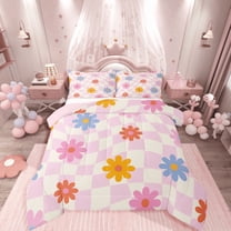 Manfei Groovy Flower 2pcs Bedding Comforter Set,Geometric Buffalo Twin Comforter Sets,Cartoon Vintage Breathable Bedding Set,Ultra Soft Kawaii Home Decor,Reversible