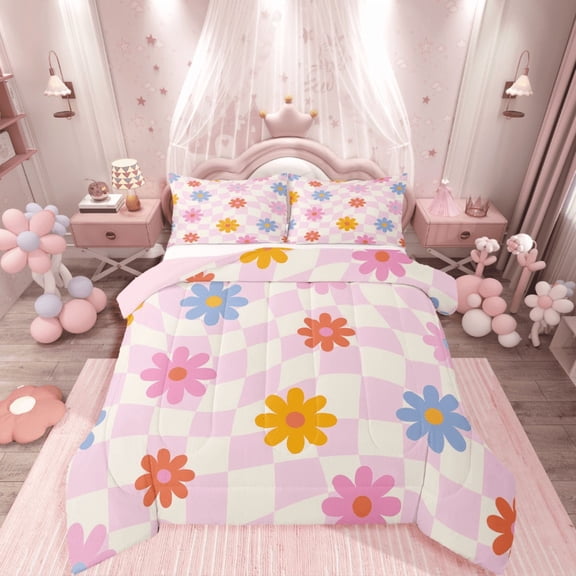 Manfei Groovy Flower 2pcs Bedding Comforter Set,Geometric Buffalo Twin Comforter Sets,Cartoon Vintage Breathable Bedding Set,Ultra Soft Kawaii Home Decor,Reversible
