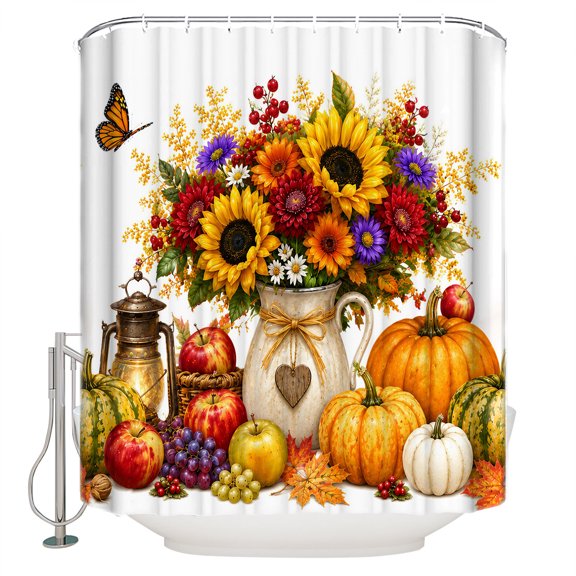 Thanksgiving Pumpkins Bathroom Shower Curtains with 12 Hooks Polyester Waterproof Shower Curtain for Stalls and Bathtubs Fall Maple Butterflies Sunflowers Decorative Bathroom Curtain 66x72 Inches