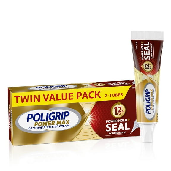Poligrip Power Hold   Seal Denture Adhesive Cream, Flavor Free - 2.2 Oz (2 Pack)
