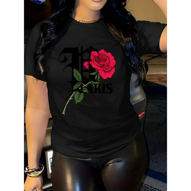Rose & Letter Print Comfy T-Shirt, Round Neck Short Sleeve Sports Tee, Women's Activewear Tee For Adult, Men, Women, Teen, Teenager, Adolescent, Youth