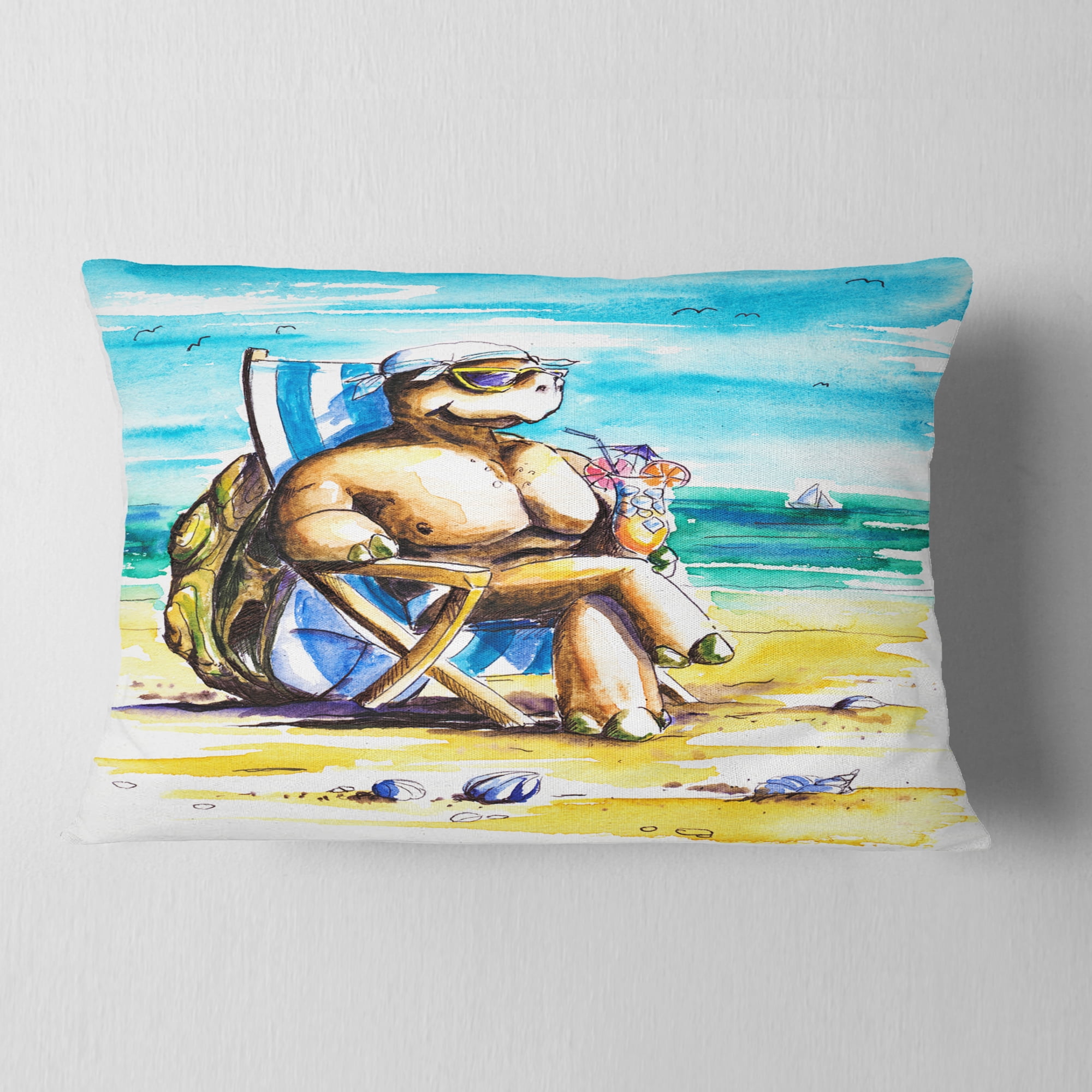 Designart Turtle Enjoying Holidays on Beach - Seashore Throw Pillow - 12x20