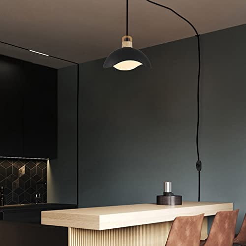 Kiven Plug in Pendant Light, Modern Hanging Light Fixture with Black Iron Shade, E26 Socket Dimmable Pendant Light for Bedroom Hallway Kitchen Island