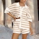 thumbnail image 1 of MKLEKYY Conjuntos De Mezclilla Cortos Para Mujer, Conjunto De Punto A Rayas, Top Con Botones Y Pantalones Cortos De Dos Piezas, Ropa De Estar Por Casa, 1 of 3