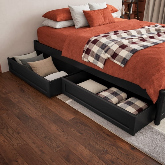 Queen/King/Twin XL Mid-Century Modern Wood Under Bed Storage Drawers in Black