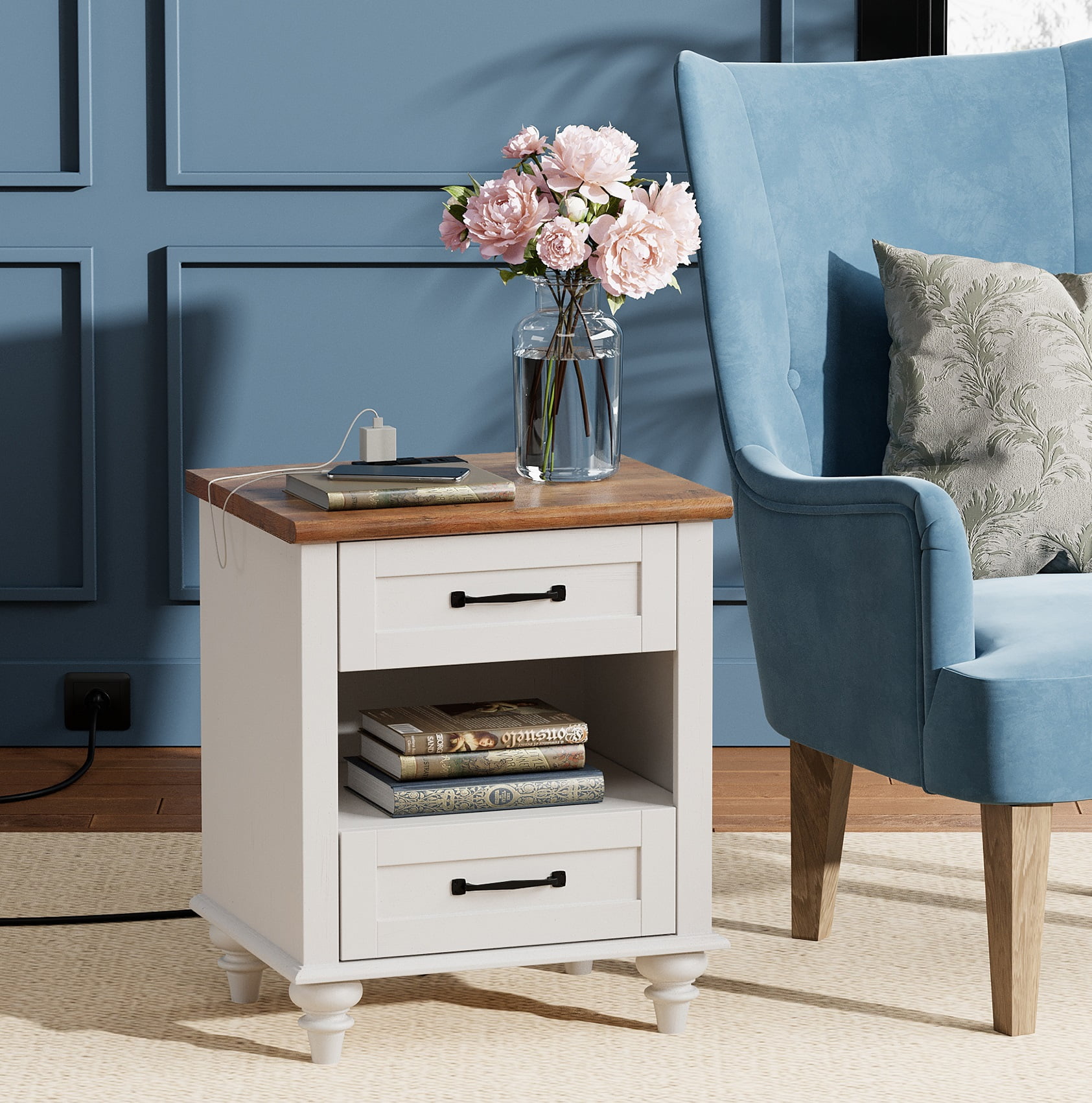 White Nightstand with Charging Station for Bedroom, Wood End Table for Living Room Kids room