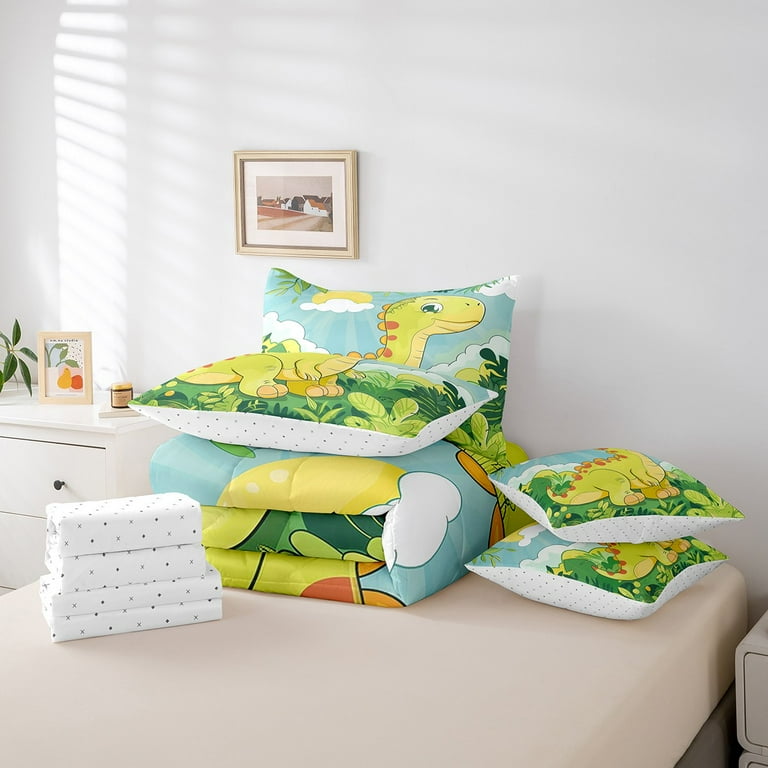 Green Dinosaur Bed in a Bag Queen Comforter Set 7 Piece Kawaii Dino Bedding Sets Jungle Animal Dinosaurios Fitted Sheet Cartoon Reptile Sheet Set with Comforter Walmart