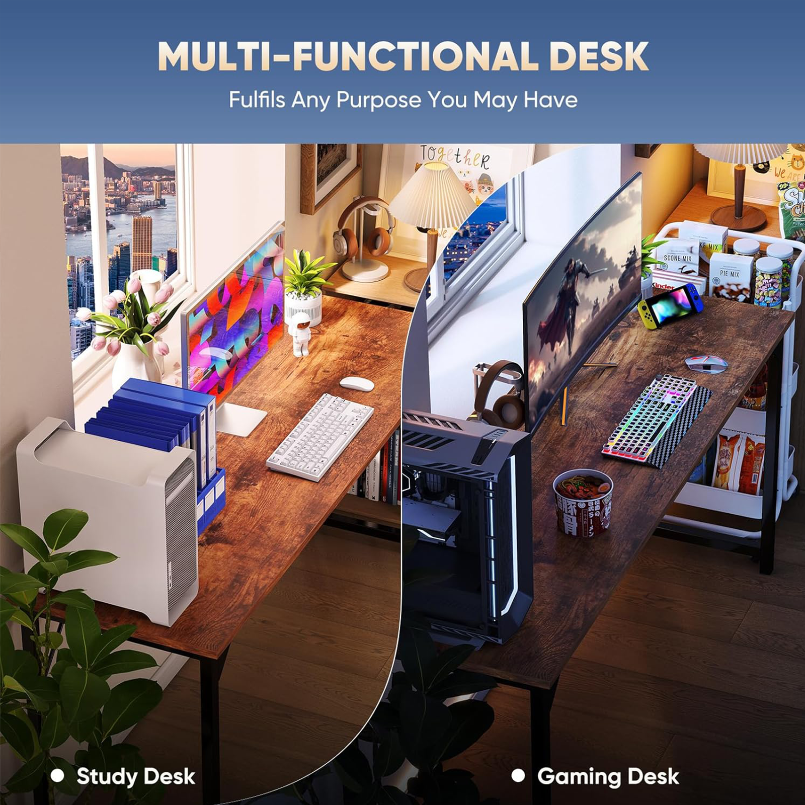 Casabay 47 Inch Computer Desk Home Office Desk with X-Shaped Metal Frame, Waterproof Writing Table with Simple Style for Small Space, Brown