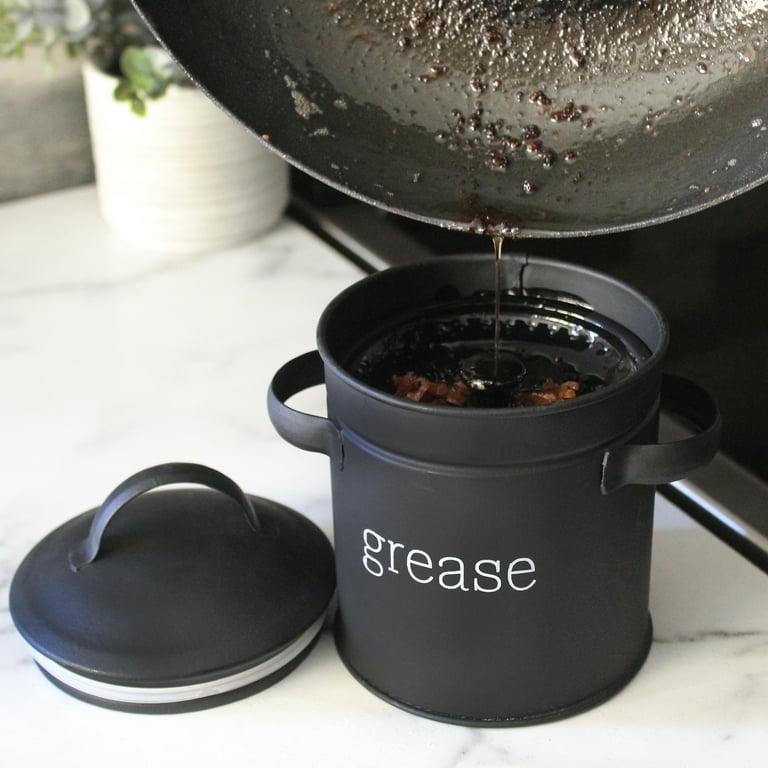 AuldHome Enamelware Grease Container with Strainer (Black), Farmhouse Style  Kitchen StorageTin, Labeled “Grease” 