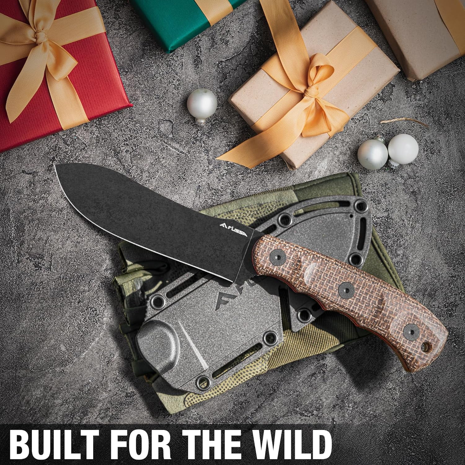 FLISSA Fixed Blade Knife with Sheath, 4.7" Full Tang Hunting Kukri Knife with 14C28N Steel Blade, G10 and Linen Handle, Rope Cutter for EDC Outdoor Hiking, Survival, Camping