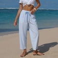 thumbnail image 3 of Delayuji Women's Linen Pants Striped Cropped Pants Casual High Waist Loose Fit Summer Beach Pants With Pockets Beach Vacation Clothing, 3 of 5